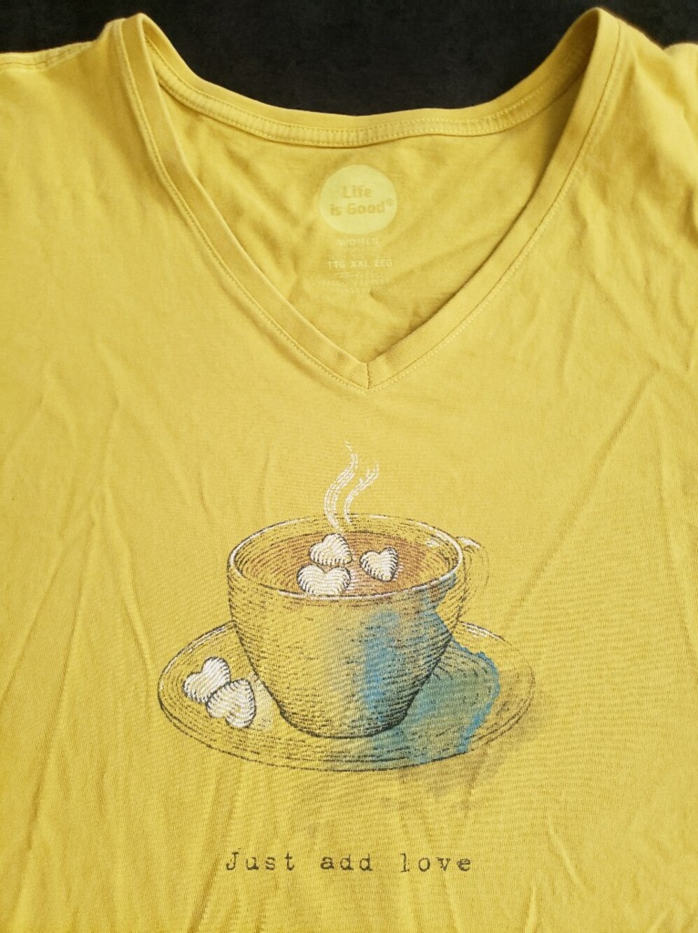 Life Is Good Vintage Yellow Hot Cocoa "Just Add Love" V-Neck XXL